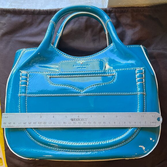 Unused Kate Spade Teal Patent Leather Satchel Bag Structured White Stitching - Picture 10 of 12